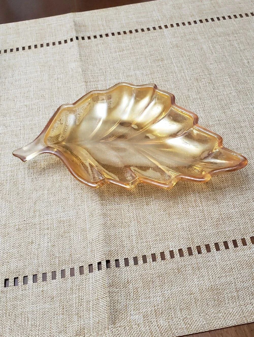 Vintage Marigold Iridescent Carnival Glass Leaf Trinket Candy Dish